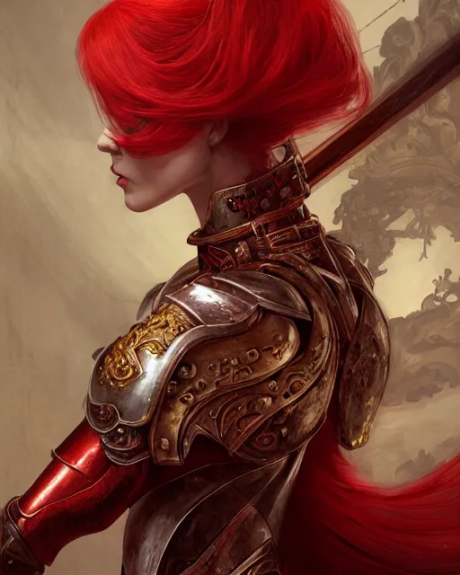 Image similar to redhead queen knight in heavy red armor, inside grand hall in castle with rococo aesthetic, intimidating, high fantasy, intricate detail, digital painting, artstation, concept art, smooth, sharp focus, illustration, art by yoshitaka amano and monia merlo and wlop, masterpiece.