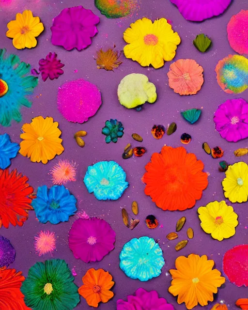 Image similar to color powder mandala motifs, flowers, petals, stems and seeds on a tabletop, arranged to be reminiscent of a cat, a fluid flowing soft abstract painting by Willem de Kooning and Lisa Frank