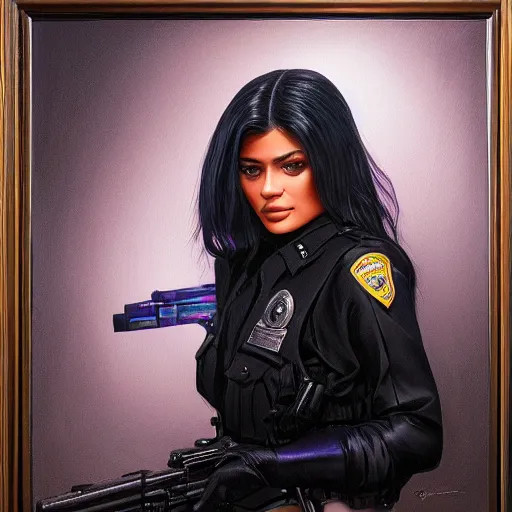 Prompt: kylie jenner as a cop, portrait face and bust in view, haunted house interior, pretty, aesthetic, mystery detailed photo, DeviantArt, Artstation, by donato giancola, ralph horley, loish, chromatic lighting