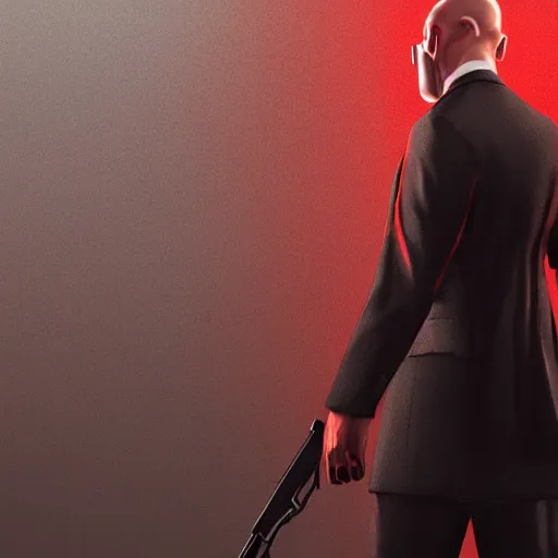 Image similar to a portrait of agent 4 7 from hitman wearing headphones in front of a wall with mounted guns, dark background, red rim light, highly detailed, digital art, artstation, concept art by giger stalenhag