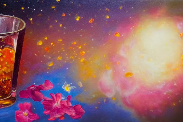 Image similar to hyperrealism oil painting, ice cube with flowers and fireflies, gradient mixed with nebula sky, in style of baroque