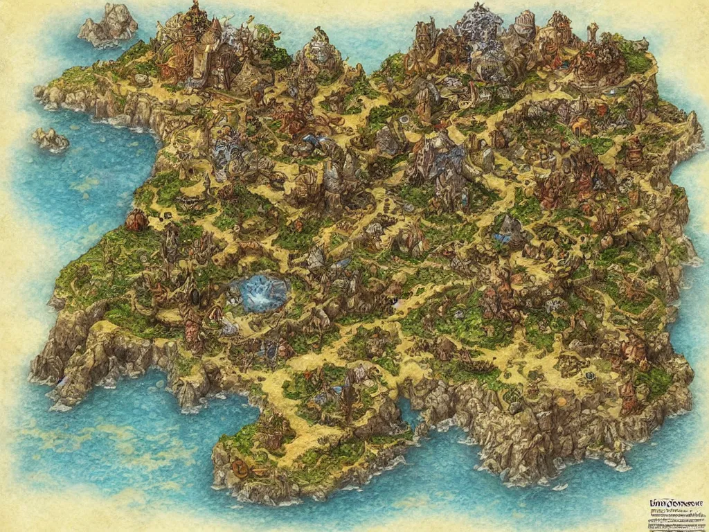 Image similar to an isometric fantasy map of a continent bordered by ocean by brian froud by jrr tolkien in the dungeons and dragons and disney styles painterly