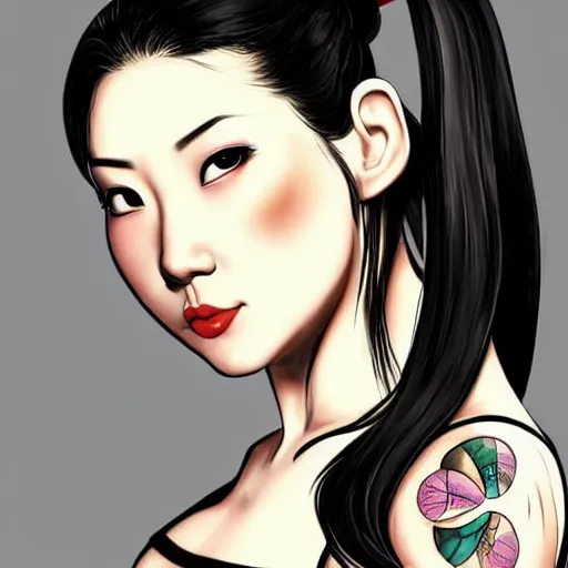 Image similar to pretty asian woman with a black ponytail, tattoos on arms, cybernetic spinal implant, concept art,