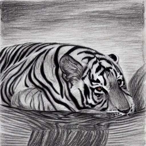 Image similar to drawing of a tiger cubs floating upside down in a pond of black oil, red ballpoint pen, outsider art style