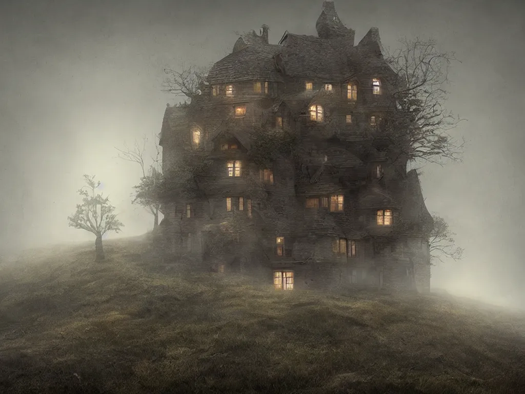 Prompt: house on the hounted hill, horror, creepy, surreal, dreamscape, high quality, ultradetailed, sharp, artstation, 4 k, volumetric fog