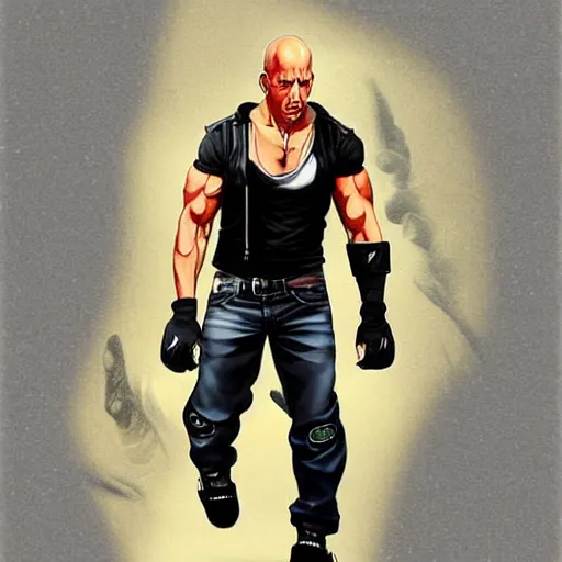 Prompt: Digital painting of Vin Diesel walking like a Italian model in JoJo\'s Bizzare Adventure anime style, latest fashion clothing from Italy, official media from JoJo\'s Bizzare Adventure, highly detailed, sharp focus, hard shadows, ArtStation, art by Hirohiko Araki