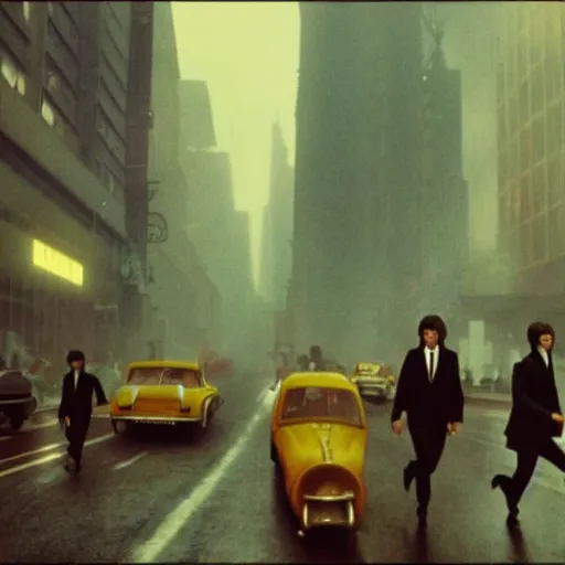 Image similar to the beatles on the run, blade runner film styling, 8 k higly detailed cinematic lighting, moma museum