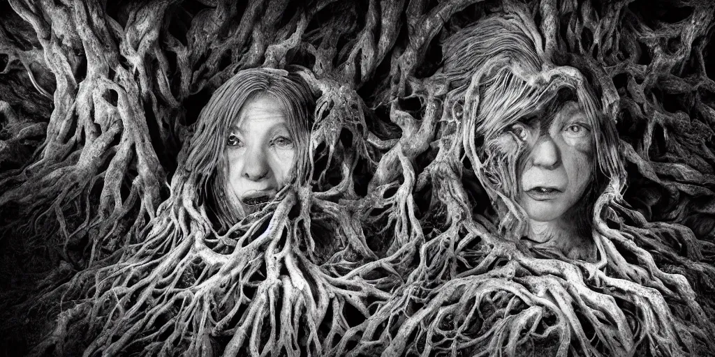 Image similar to photography of old ugly witch with rotten face monster living in a root cave, edelweiss growing from her head, forest, dolomites, alpine, detailed intricate insanely detailed octane render, 8k artistic 1920s photography, photorealistic, black and white, chiaroscuro, hd, by David Cronenberg, Raphael, Caravaggio