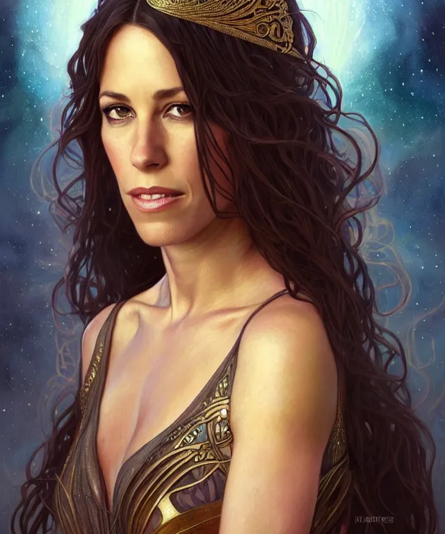 Image similar to Alanis Morissette as a fantasy magic woman portrait, sci-fi, amber eyes, face, long hair, fantasy, intricate, elegant, highly detailed, digital painting, artstation, concept art, smooth, sharp focus, illustration, art by artgerm and greg rutkowski and alphonse mucha