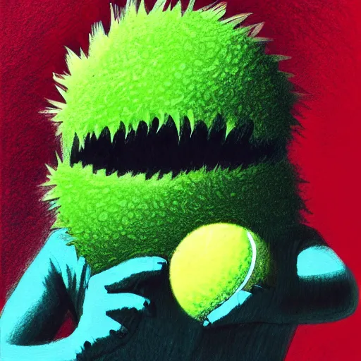 Image similar to a tennis ball monster, tennis ball, dark, chalky, astronaut, digital art, fantasy, magic, trending on artstation, ultra detailed, professional illustration by Basil Gogos