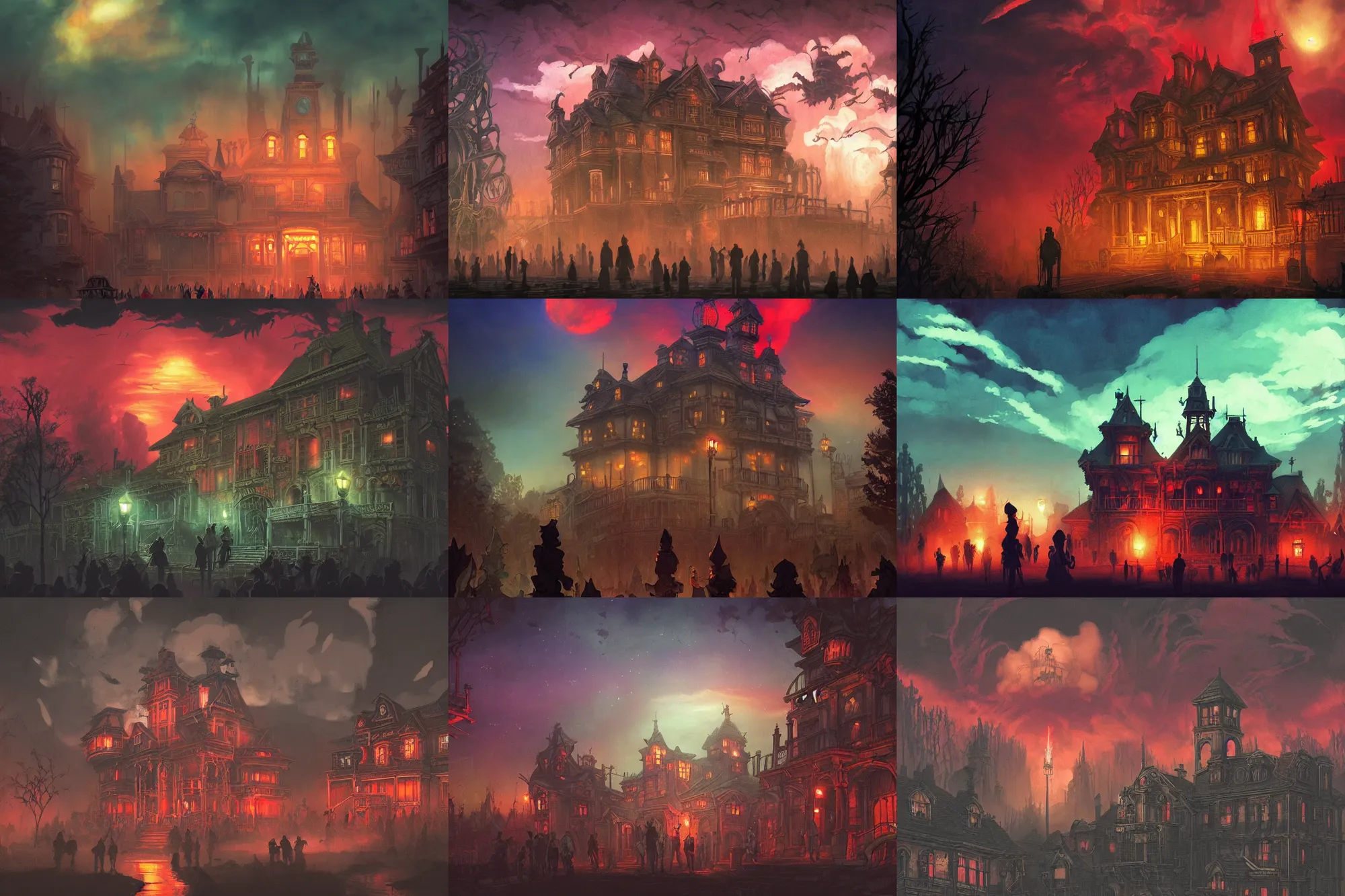 Prompt: crowd of people, haunted mansion, red clouds, steampunk!!!! grainy texture, infographic with illustrations, glowing lights, epic fantasy, colorfully, digital art, highly saturated colors, concept art, detailed illustration, hd, 4 k, digital art, greg rutkowski, dan mumford, studio ghibli trending on artstation