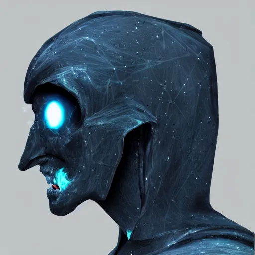 Image similar to award - winning. trending on artstation. 4 k. a faceless astral figure wearing a hooded cape made of the night sky with 1 dark blue glowing eye on its face and rows of teeth on its chest. full - body.