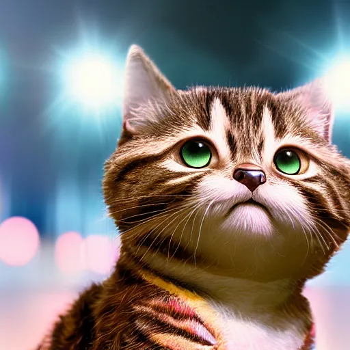 Image similar to Portrait of Lil Bub, splash art, movie still, cinematic lighting, dramatic, octane render, long lens, shallow depth of field, bokeh, anamorphic lens flare, 8k, hyper detailed, 35mm film grain