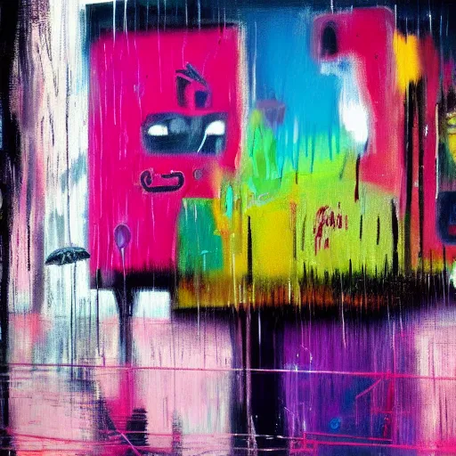 Image similar to rain like a dream, oil painting, cyberpunk, basquiat + francis bacon, elevated street art, fantasy lut, pink, blue, purple, green,