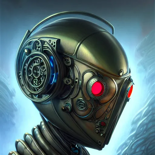 Image similar to front low angle shot of a cyberpunk gazmask robot character, intricate, elegant, highly detailed, centered, digital painting, artstation, concept art, smooth, sharp focus, illustration, artgerm, Tomasz Alen Kopera, Peter Mohrbacher, donato giancola, Joseph Christian Leyendecker, WLOP, Boris Vallejo