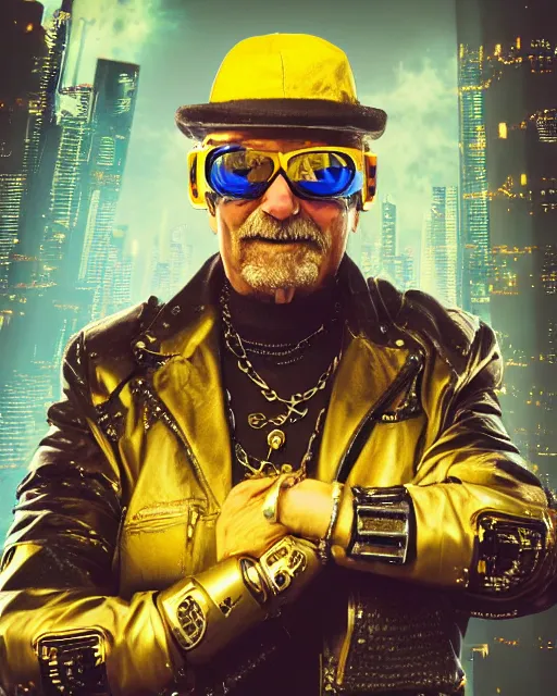 Prompt: an intimate portrait of a gnarly human cyberpunk captain, old skin, faded hat, charming, strong leader, sunglasses, reflective, a look of cunning, big smile, detailed matte fantasy painting, golden cityscape, lasers, chains, sparks, yellow and blue and cyan