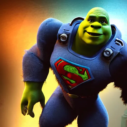 Image similar to shrek as superman in halo 5, splash art, movie still, cinematic lighting, dramatic, octane render, long lens, shallow depth of field, bokeh, anamorphic lens flare, 8 k, hyper detailed, 3 5 mm film grain