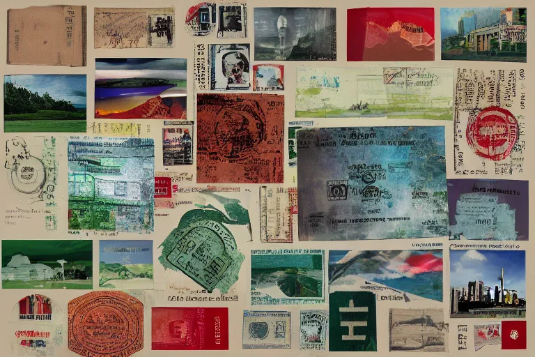 Prompt: boards of Canada album cover, passport travel memorabilia. Mixed media collage art, highly detailed 8k