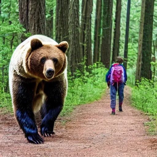 Prompt: a bear chasing a person wearing a backpack in the forest