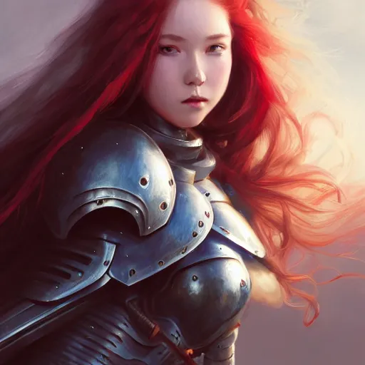 Prompt: girl in knight armor , long hair , red hair , portrait , looking at camera point of view , made by Stanley Artgerm Lau, WLOP, Rossdraws, James Jean, Andrei Riabovitchev, Marc Simonetti, Yoshitaka Amano, ArtStation, CGSociety