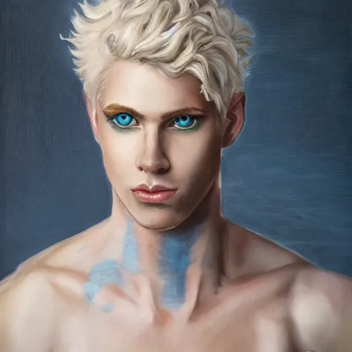 Prompt: oil painting of a beautiful platinum blond curly haired cleanshaven himbo with heterochromia one blue eye one green eye d & d fantasy concept art