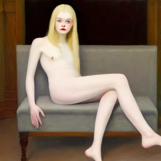 Prompt: Painting of Elle Fanning performing necromancy, long blonde hair, delicate, pale milky white porcelain skin, by Edward Hopper. 8K. Extremely detailed.