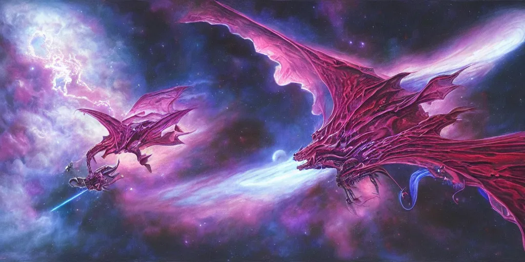 Prompt: a bioluminescent dragon flying in outer space, red and purple nebula, Dan Seagrave art