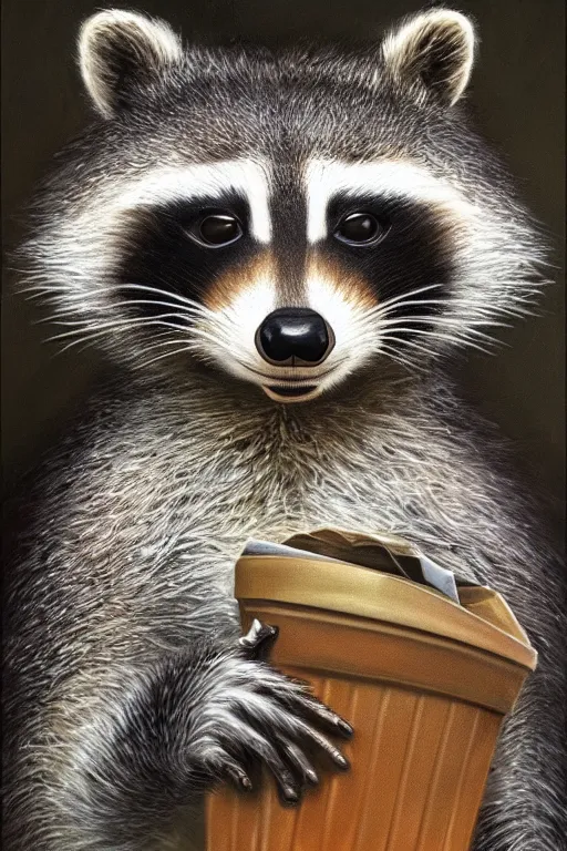 Prompt: anthropomorphic raccoon taking out the trash, oil on canvas, intricate, portrait, 8k highly professionally detailed, HDR, CGsociety