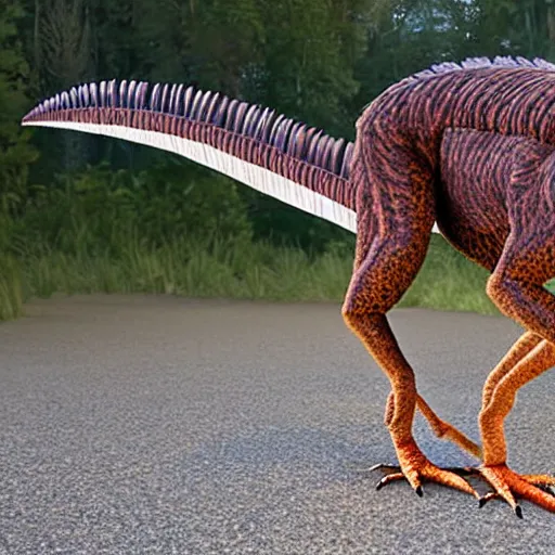 Image similar to a photograph of a velociraptor with feathers