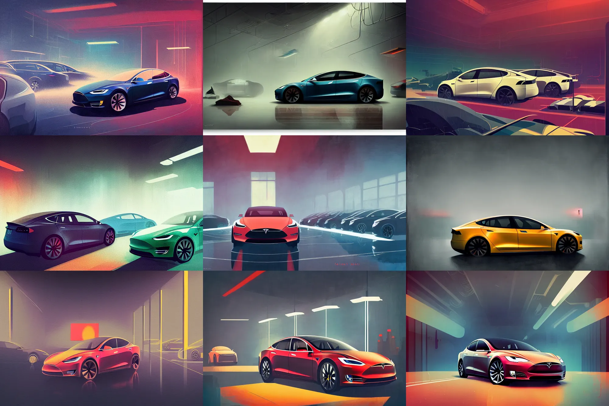 Prompt: portrait of a tesla car lot interior, colorful, modern art deco, mads berg, christopher balaskas, victo ngai, low fog, fine texture, detailed, muted colors, dramatic lighting, dynamic composition, matte print, wide angle, moody, stippled light