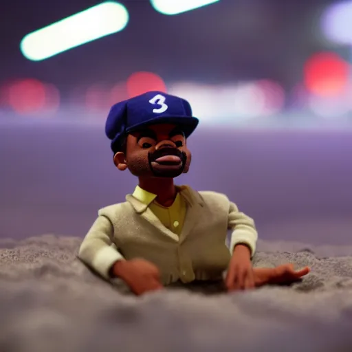 Image similar to a cinematic film still of a claymation stop motion film starring chance the rapper as a college student, shallow depth of field, 8 0 mm, f 1. 8