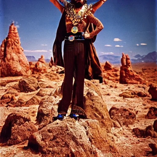 Prompt: salvador dali wearing a costume with jewels in a dry rocky desert landscape, visible sky and sunny atmosphere, film still from the movie by alejandro jodorowsky with cinematogrophy of christopher doyle and art direction by hans giger, anamorphic lens, kodakchrome, very detailed photo, 8 k