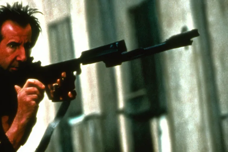 Image similar to film still of Alan Rickman as John McClane in Die Hard 1988