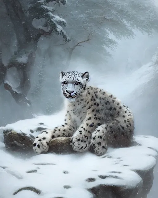 Prompt: portrait of a snow leopard sitting in the snowy misty mountain, highly detailed, spiritual background, complex 3 d render by ilya kuvshinov, peter mohrbacher, greg rutkowski, karl spitzweg, thomas kinkade, victo ngai