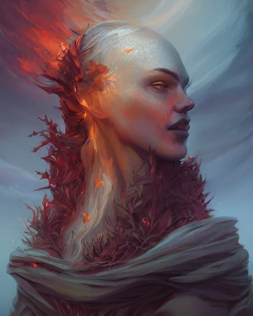 Prompt: the fall of summer or autumn detailed portrait painting of irreconcilable personification by anato finnstark, noah bradley, raymond swanland, and steven belledin, cinematic lighting, highly detailed, digital painting, trending on artstation, pixiv, concept art, sharp focus, illustration