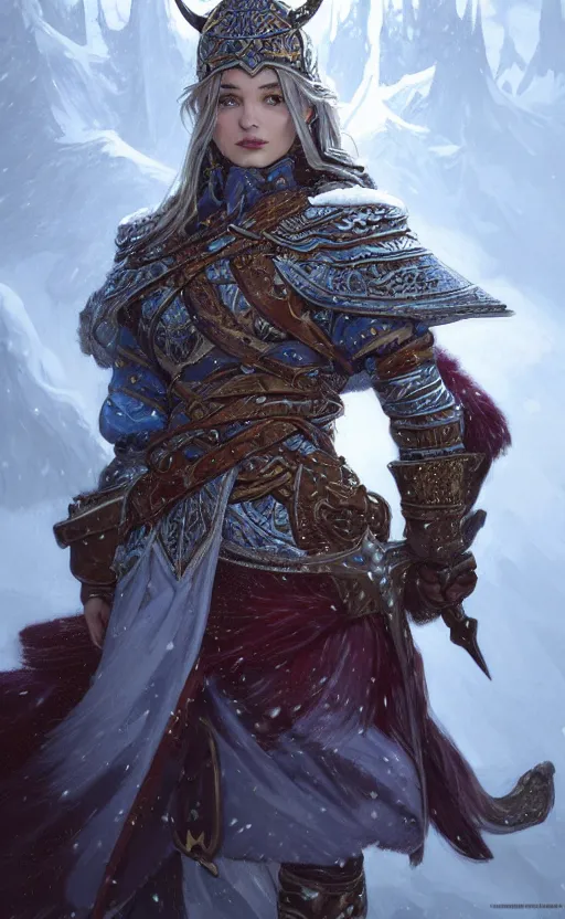 Image similar to azure viking warrior, regal, elegant, winter, snow, beautiful, stunning, hd, illustration, epic, d & d, fantasy, intricate, elegant, highly detailed, wide angle, digital painting, artstation, concept art, smooth, sharp focus, illustration, wallpaper, art by artgerm and greg rutkowski and alphonse mucha and jin xiaodi