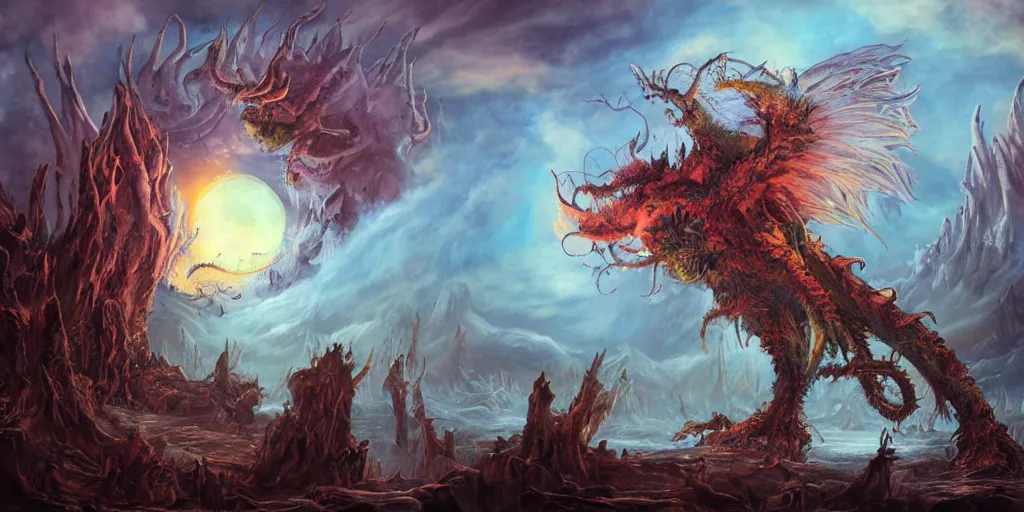 Prompt: concept art of giant mutant fairy attack, lovecraftian, lots of teeth, melting horror, fluffy feathers, round moon, rich clouds, fighting the horrors of the unknown with lasers, high resolution, very detailed, colorful, roaring, volumetric light, mist, grim, fine art, decaying, textured oil over canvas, epic fantasy art, very colorful, ornate