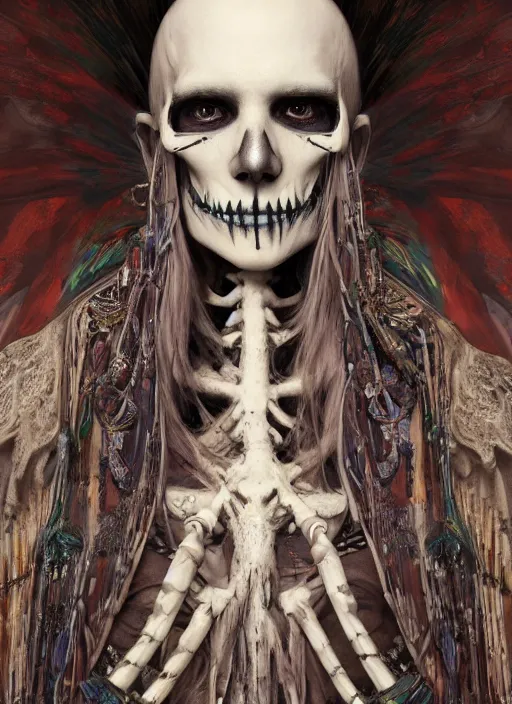 Image similar to masterpiece portrait of a gothic shaman with skeleton robe, au naturel, hyper detailed, digital art, trending in artstation, cinematic lighting, studio quality, smooth render, unreal engine 5 rendered, octane rendered, art style by klimt and nixeu and ian sprigger and wlop and krenz cushart and kim jung gi and greg rutkowski