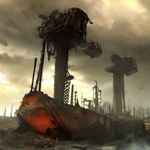 Image similar to apocalyptic, ruined future city. rusted future pirate ship with electronic thunders coming out. volumetric lighting, sharp focus, ultra detailed, cgsociety - w 1 0 2 4 - n 8 - i