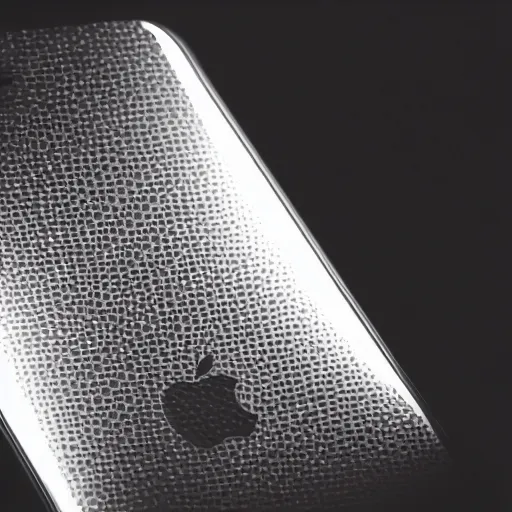 Image similar to promotional photograph for a futuristic iphone made in 2 0 4 0, beautiful photograph, studio lighting, advertisement, 4 k quality, 8 k quality, futuristic!!!! reflective material, intricate texture!!! glowing apple logo
