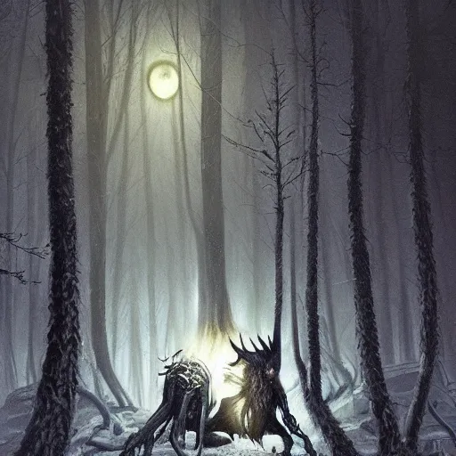 Prompt: cloaked humanoid wendigo feasting, nighttime located in a snowy dark forest, lurking horror, distant - mid shot, dungeons and dragons, magic the gathering, forboding, high detail, oil painting, style of seb mckinnon