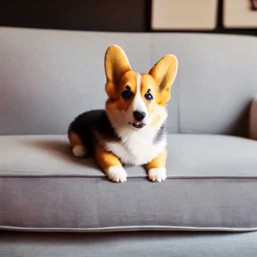 Image similar to 8k highly detailed photograph of the most adorable Corgi Puppy wearing a cute rainbow bowler hat, posing on my couch, golden hour,