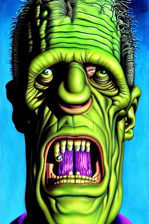 Prompt: a hyperrealistic painting of frankenstein monster heads, cinematic horror by basil wolverton, lisa frank, richard corben, kris kuksi, highly detailed, vivid color,