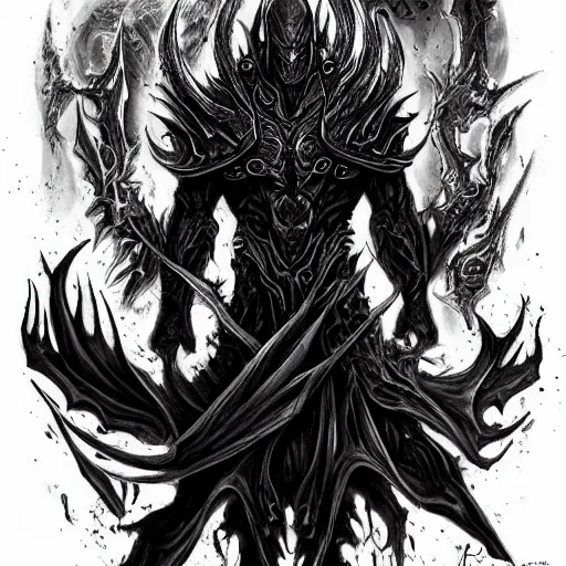 Prompt: diablo lord of terror, engulfed in flames, full body shot, detailed greyscale tattoo by Dmitriy Tkach
