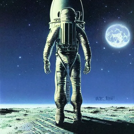 Prompt: crusader standing on the moon, vintage sci - fi art, by bruce pennington