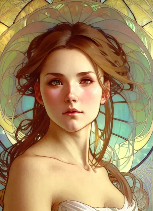 Prompt: digital character concept art by artgerm and greg rutkowski and alphonse mucha. clear portrait of a modern young wife blessed by god to unstoppably grow more perfect and fertile!! blonde, in clothes! holy full - figured! shy, light effect. hyper detailed, glowing lights!! intricate, elegant, digital painting, artstation, smooth, sharp focus