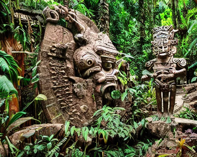 Prompt: mayan jaguar warrior exploring an alien garden las pozas, 1 9 7 0's sci - fi, lofi technology, deep aesthetic colors, 8 k, highly ornate intricate details, extreme detail,