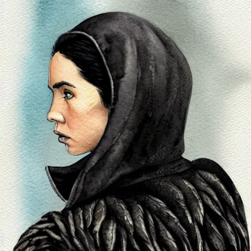 Image similar to full body detailed watercolor illustration of alien jennifer connelly mixed with anya taylor - joy, reading a book, unsettling, hooded long black feathered cloak, uncanny valley, with black feathers instead of hair, gothic, guillermo del toro, gray mottled skin, pale and sickly, profile view, - - ar 9 : 1 6