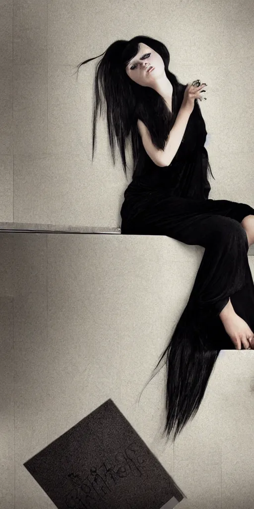 Prompt: a young girl with straight long black hair wearing black dress sitting in bathroom floor, poster by artgem, greg rutkowski and mario testino