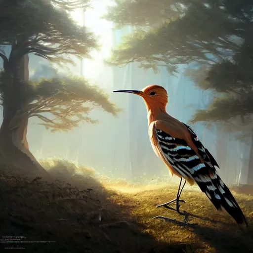 Prompt: hoopoe with big open crest in avila pinewood, 4 k, concept art, by wlop, ilya kuvshinov, artgerm, krenz cushart, greg rutkowski, pixiv. cinematic dramatic atmosphere, sharp focus, volumetric lighting, cinematic lighting, studio quality